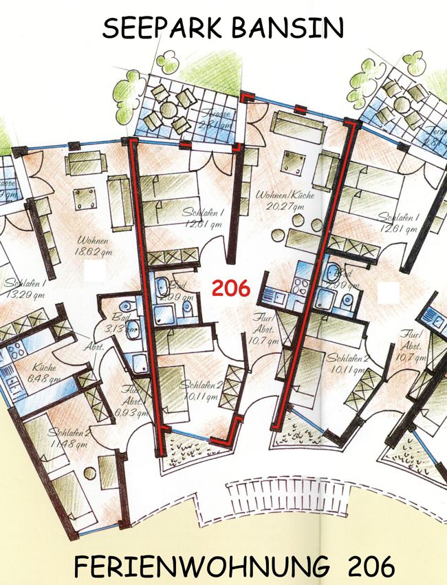 Grundriss Ferienwohnung 206 Seepark Bansin auf der Insel Usedom strandnah sonnige Wohnung für 3 Personen, Ferienwohnungen Herrmann, 
                www.fewo-usedom.cc