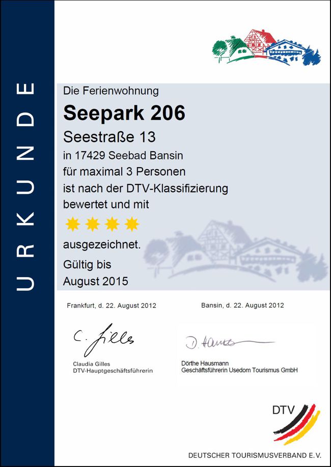 Klassifizierungsurkunde für die 4-Sterne-Ferienwohnung 206 im Seepark Bansin 
                auf der Insel Usedom strandnah sonnige Wohnung für 3 Personen, Ferienwohnungen Herrmann, 
                www.fewo-usedom.cc